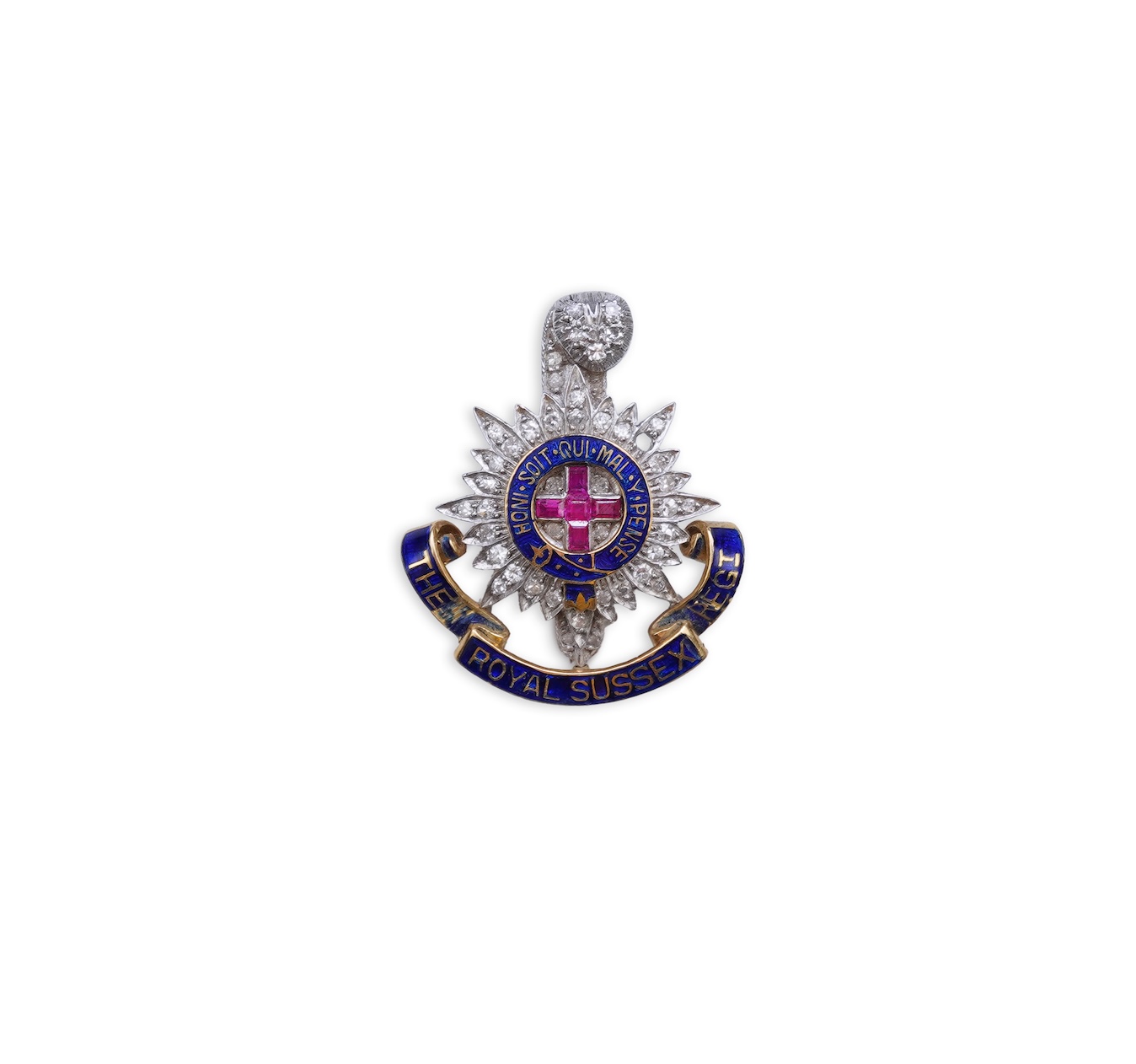 A ruby, enamel and diamond Royal Sussex Regiment badge, mid 20th century